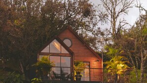 Une cabane en bois dotée d’une grande fenêtre et d’un puits de lumière circulaire, entourée d’une végétation luxuriante.