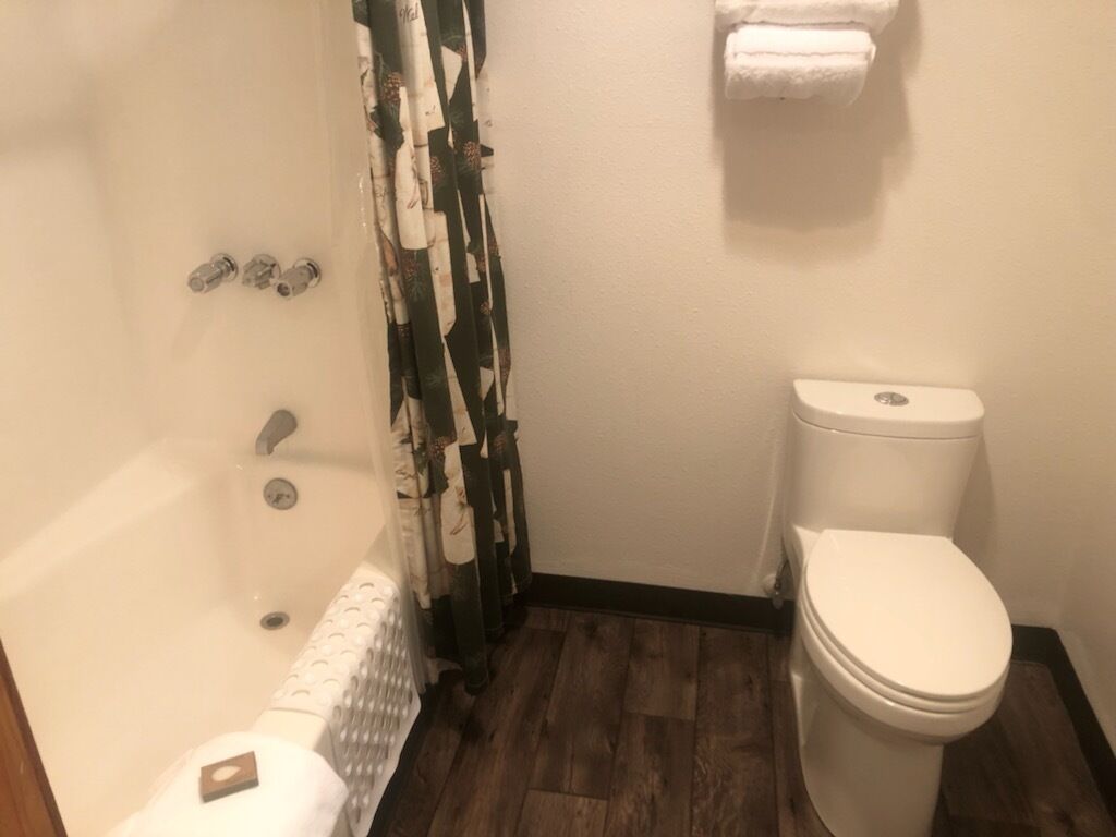 Ein Badezimmer mit Badewanne, Toilette und Duschvorhang.