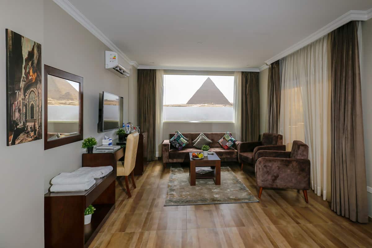 luxury suite with panoramic pyramids view & balcony | 1 bedroom, minibar, in-room safe, desk