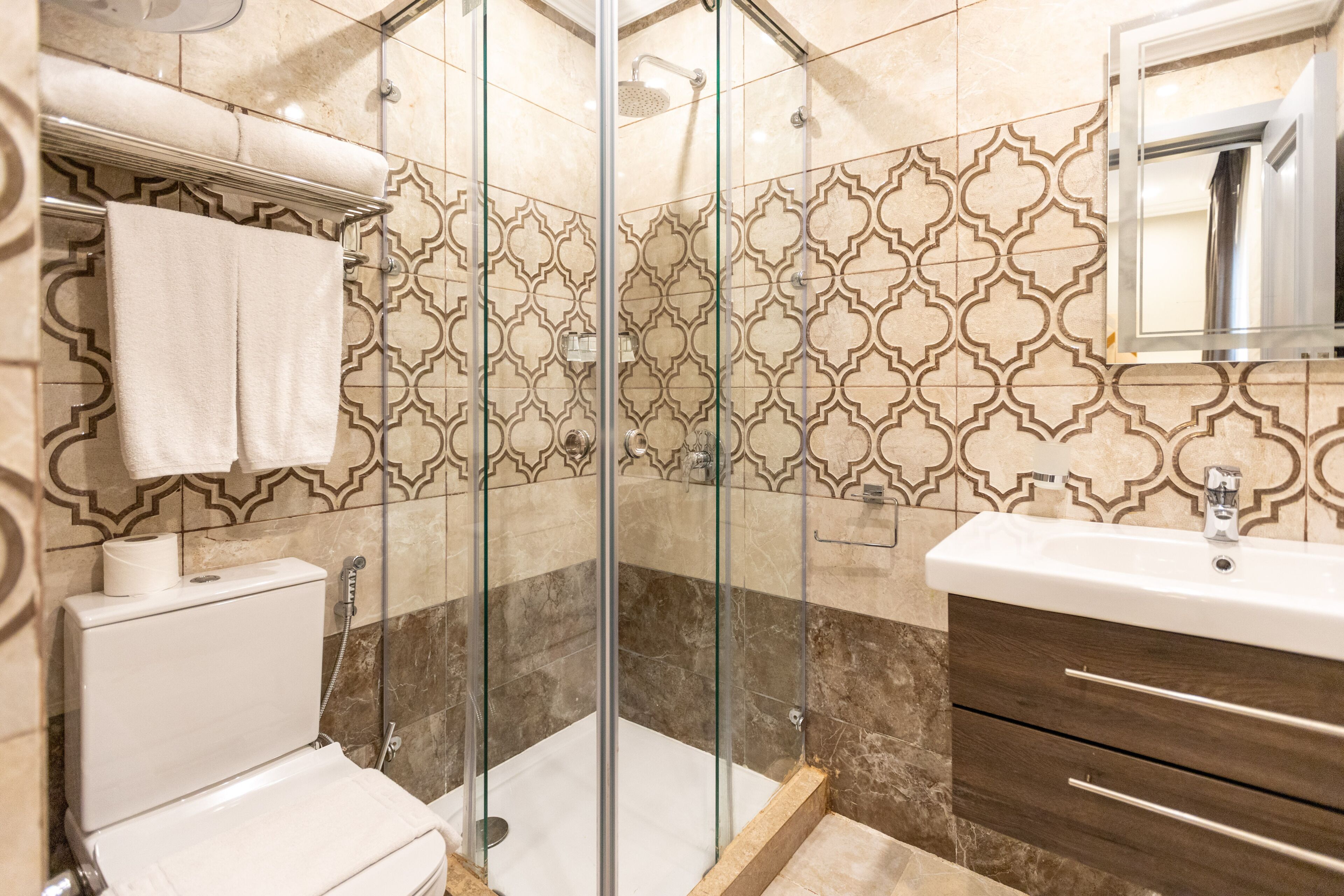 A bathroom with a glass-enclosed shower, a white toilet, a sink with a mirror, and patterned tiles.