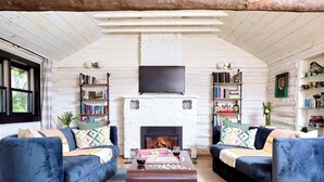 Een gezellige woonkamer met twee blauwe banken, een open haard en boekenplanken vol boeken en decoratieve objecten.