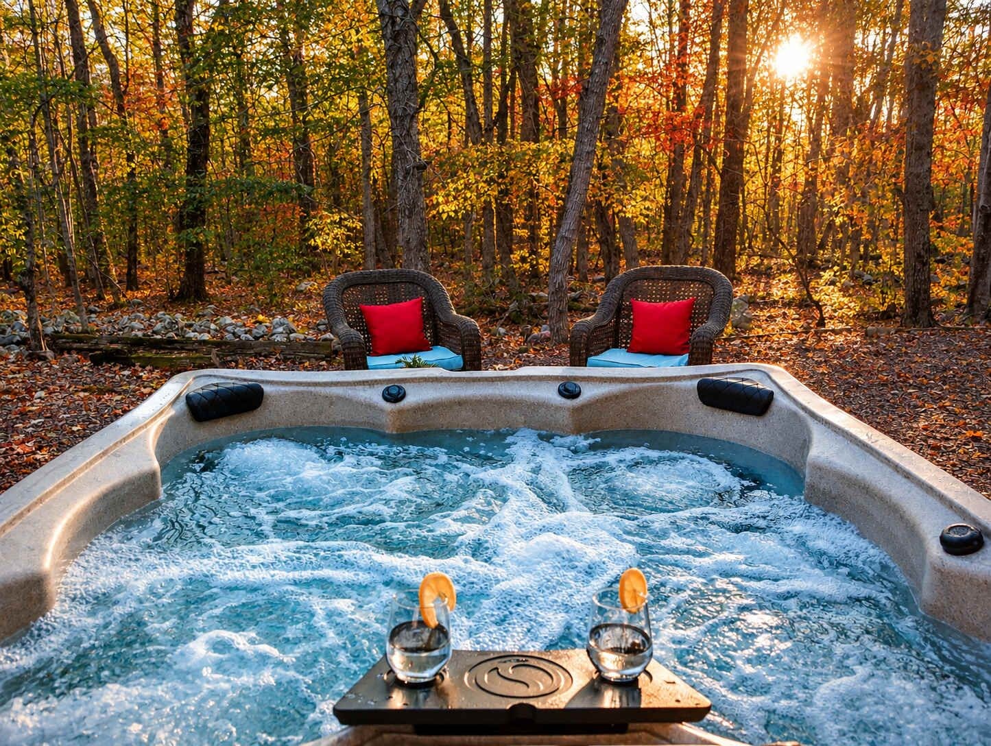 A hot tub with two chairs and a table, surrounded by a forest.