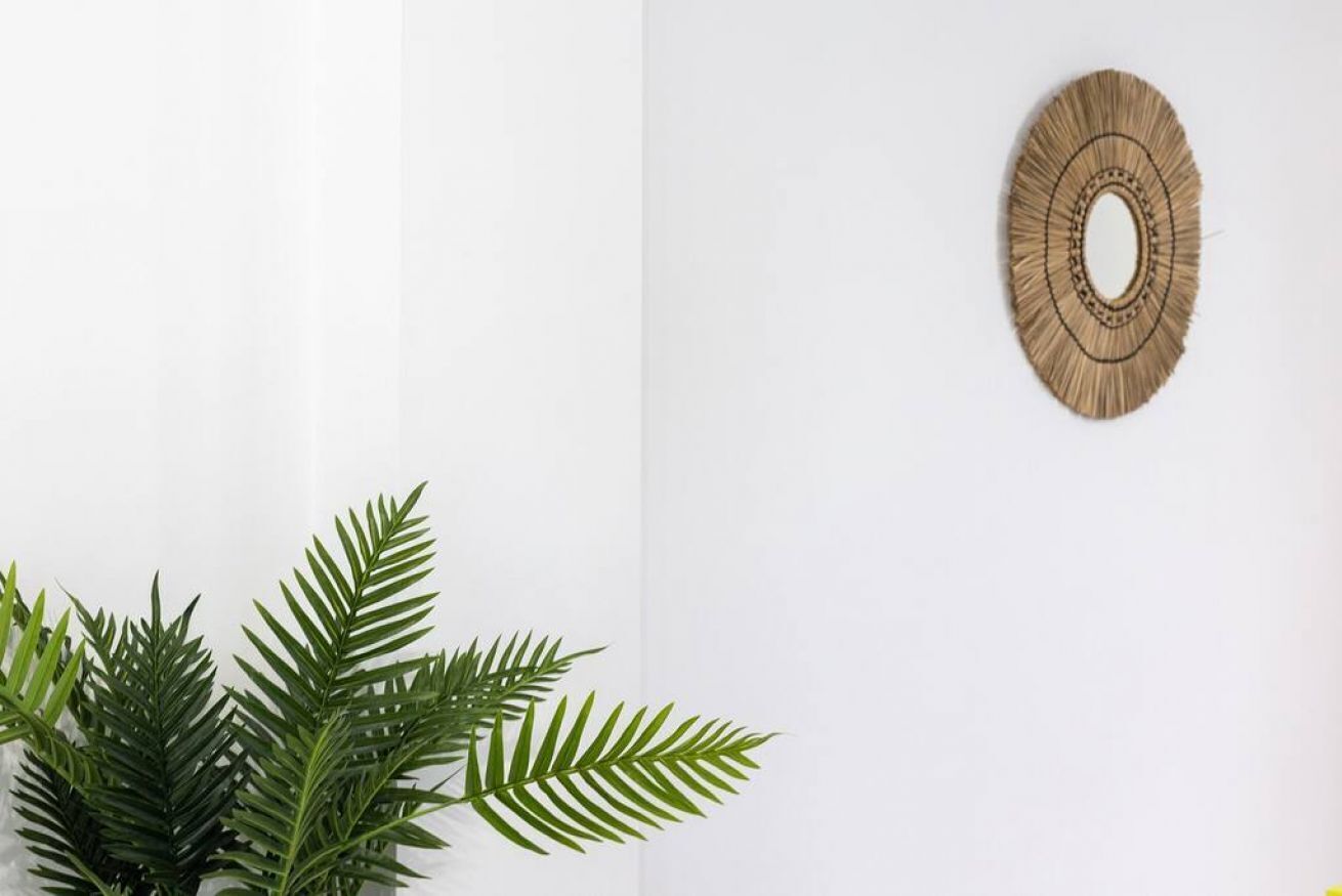 A room with a white wall, a woven wall hanging, and a potted plant with green leaves.