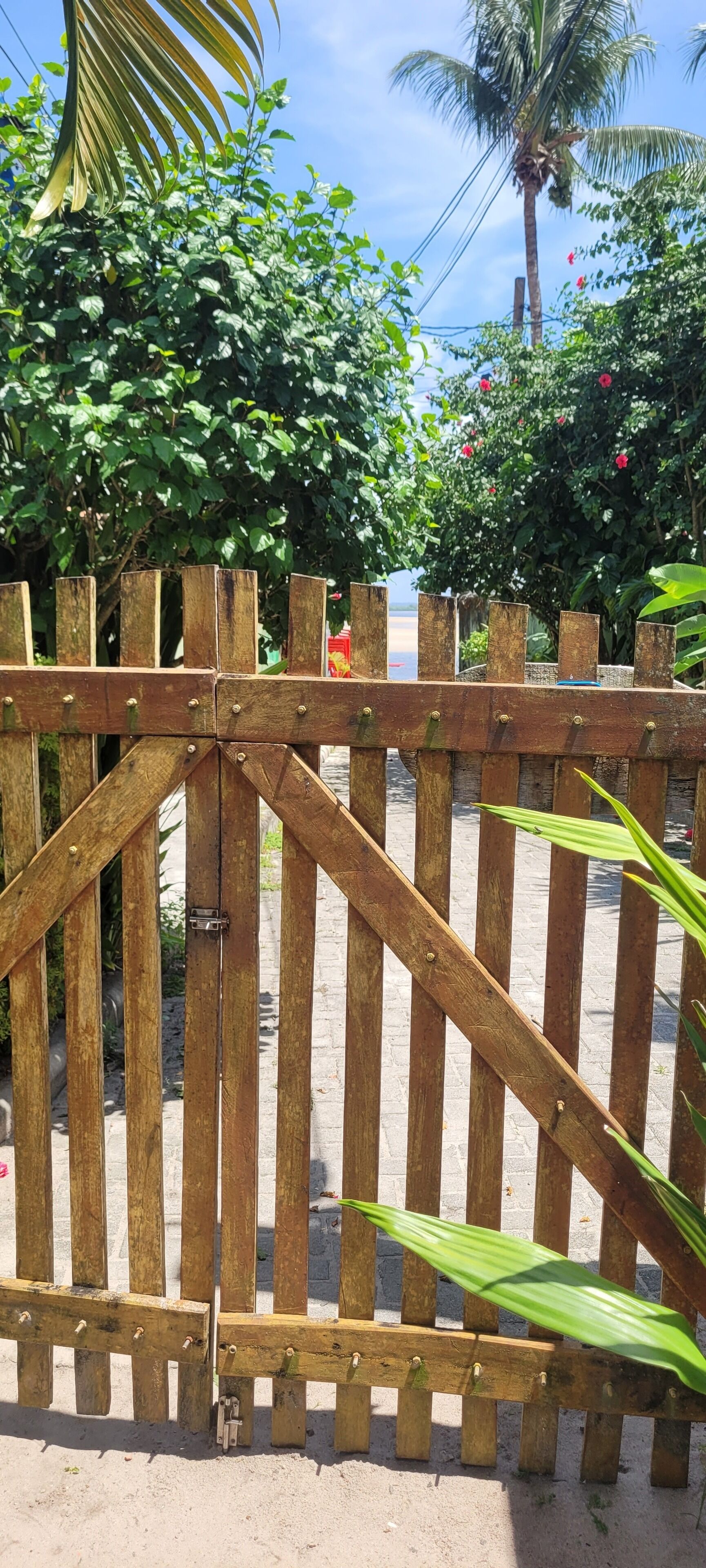 Um portão de madeira com ripas verticais e uma travessa diagonal.