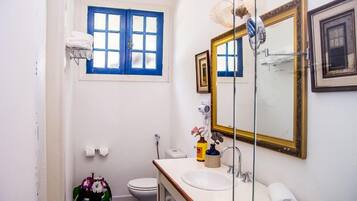 A bathroom with a white sink, a mirror with a gold frame, a toilet, and a window with blue shutters.