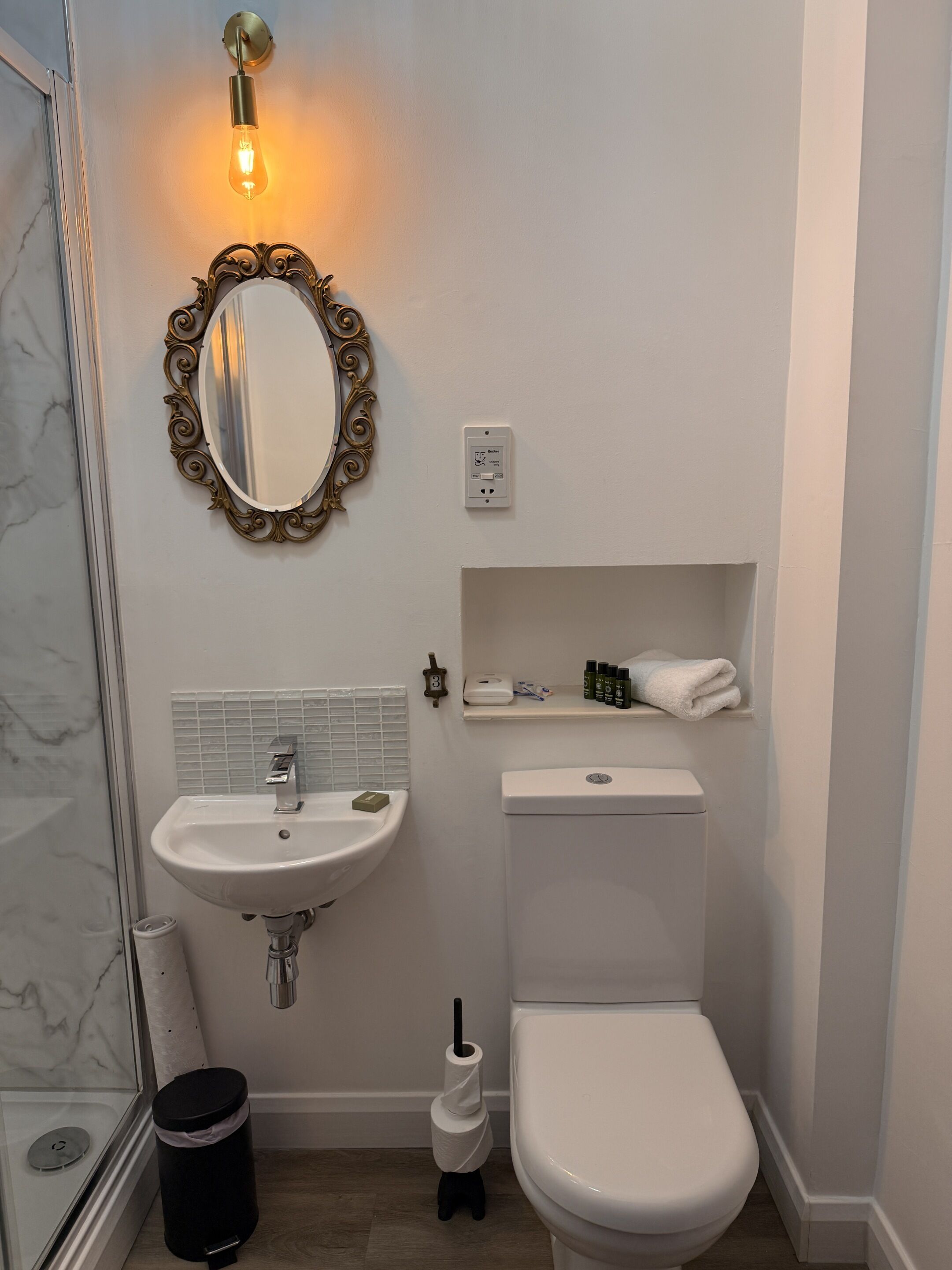 A bathroom with a sink, toilet, and a mirror with an ornate frame.