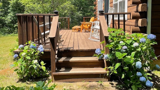Une cabane en bois dotée d’une terrasse, d’un espace salon extérieur et de plusieurs arbustes d’hortensias.