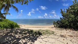 A beach with clear blue water, a sandy shore, and some greenery.