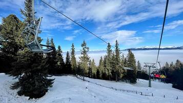 A ski lift with a clear view of snow-covered trees and a distant mountain range.