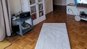 Un saló amb terra de fusta, un armari blanc amb portes de vidre, una televisió i una planta.