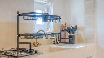 Fridge, stovetop, dishwasher, coffee/tea maker
