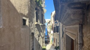Una estrecha calle adoquinada bordeada por edificios históricos de piedra con puertas apuntadas y ventanas pequeñas.