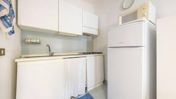 Kühlschrank, Mikrowelle, Herdplatte, Kochgeschirr/Geschirr/Besteck