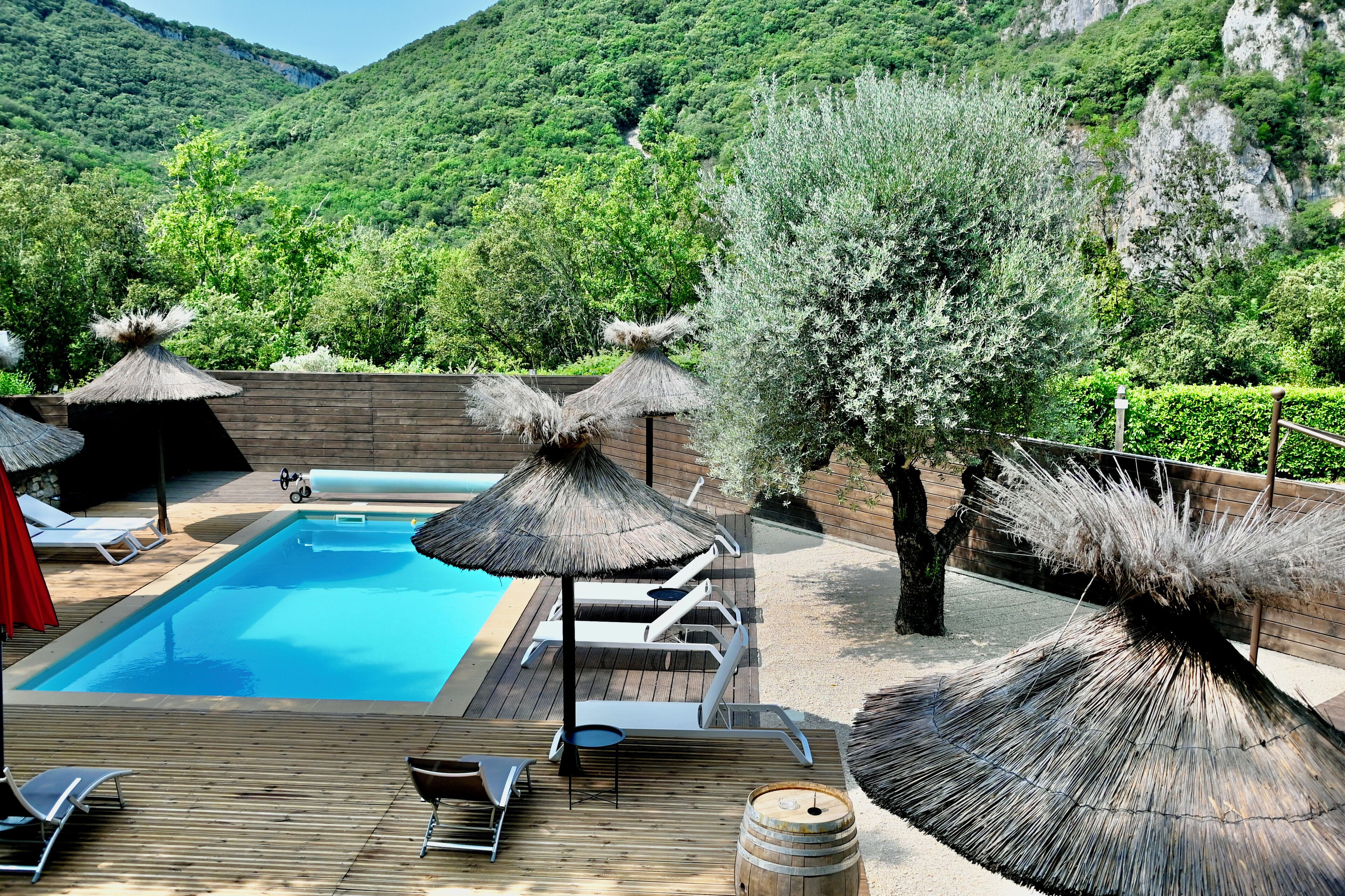 Seasonal outdoor pool, pool umbrellas, pool loungers