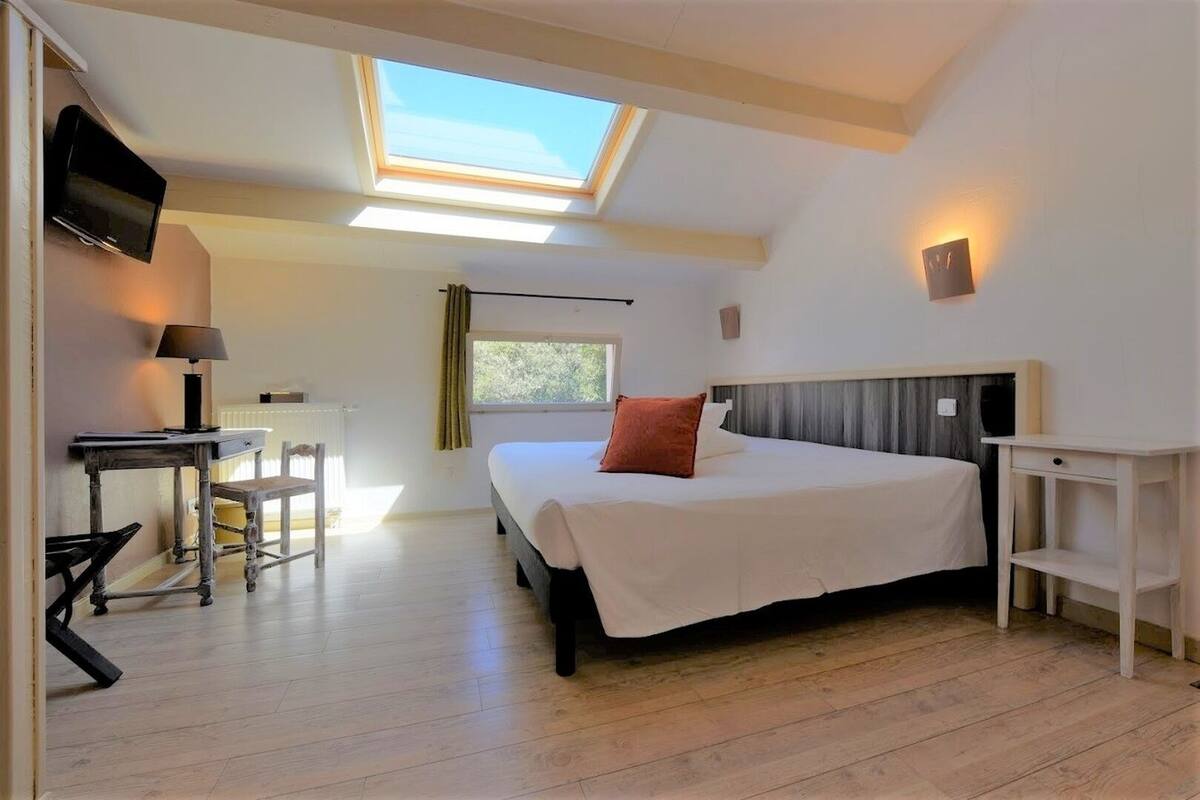 Une chambre avec un puits de lumière, un lit, un bureau et une chaise.