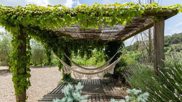 Una hamaca bajo una pérgola de madera, rodeada de follaje, en un jardín con senderos de grava y plantas.