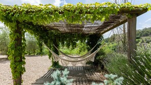 Una hamaca bajo una pérgola de madera, rodeada de follaje, en un jardín con senderos de grava y plantas.