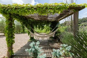 A hammock under a wooden pergola with greenery, set in a garden with gravel paths and plants.