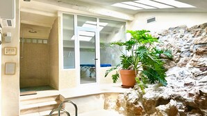Una piscina con un elemento rocoso, una puerta de cristal que da a una habitación y una planta en maceta.