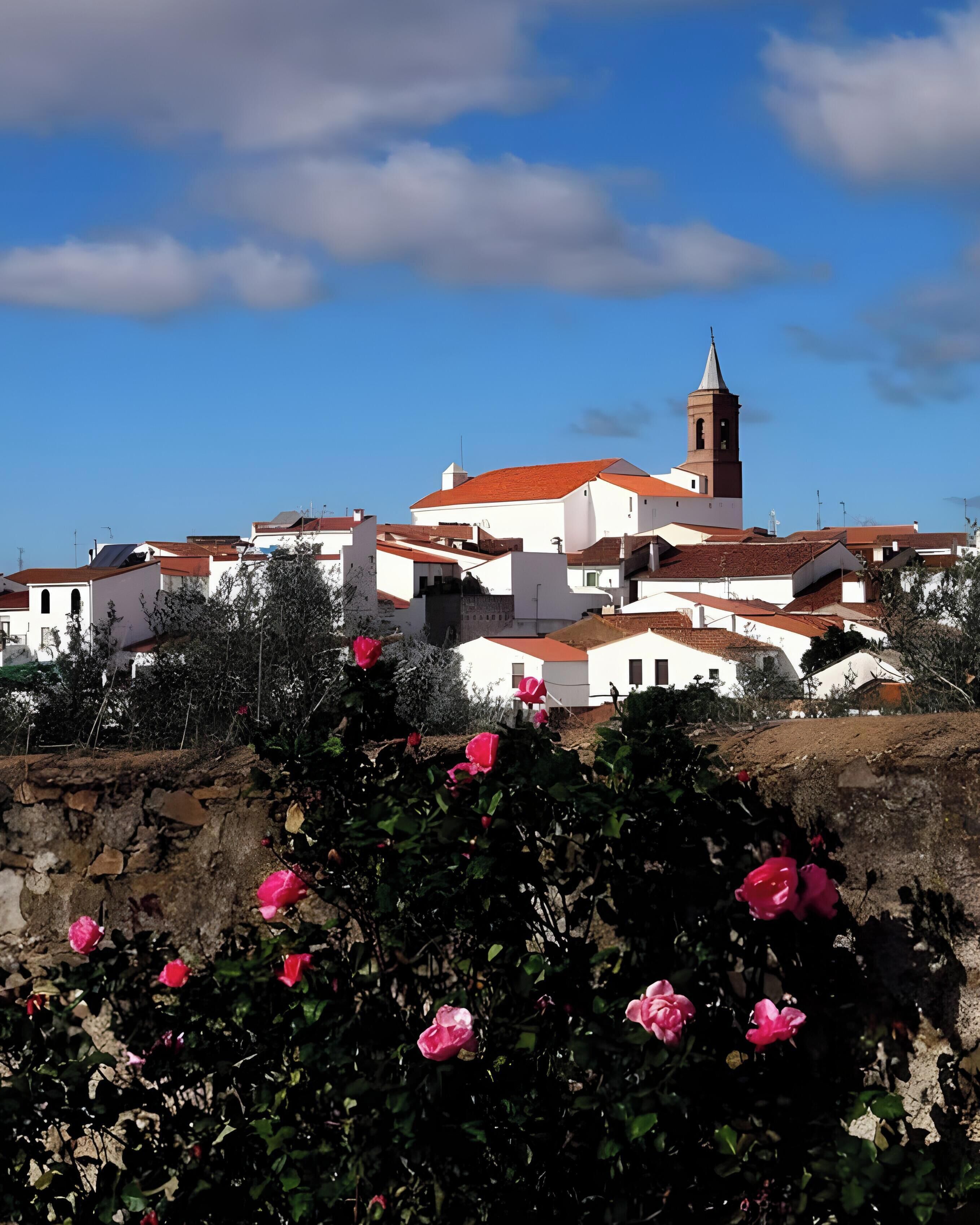 A town with white buildings and a prominent church tower.