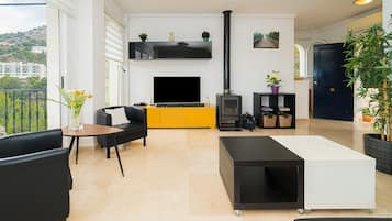 Televisión, chimenea, reproductor de DVD y estéreo