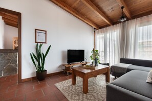 Una sala de estar con techo de madera, televisor, sofá, mesa de centro y planta en maceta.