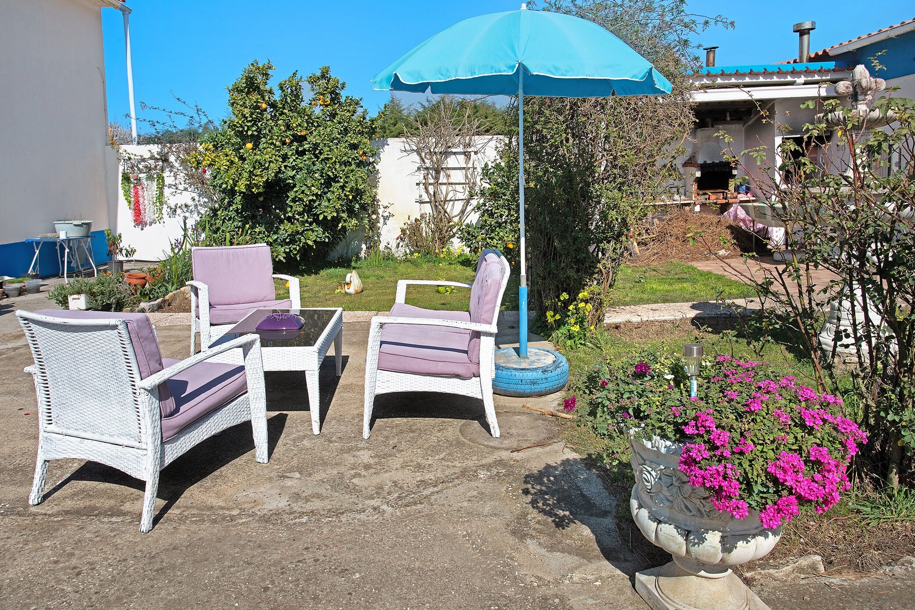 An outdoor patio with wicker furniture, a blue umbrella, and a potted plant with pink flowers.