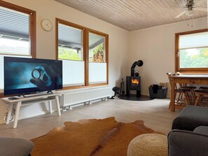 Smart TV, fireplace, books, stereo