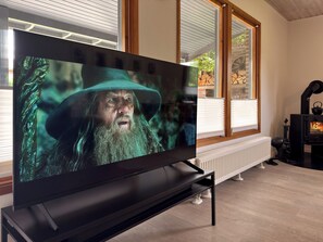 A modern living room with a flat-screen TV on a stand, a wood-burning stove, and large windows with blinds.