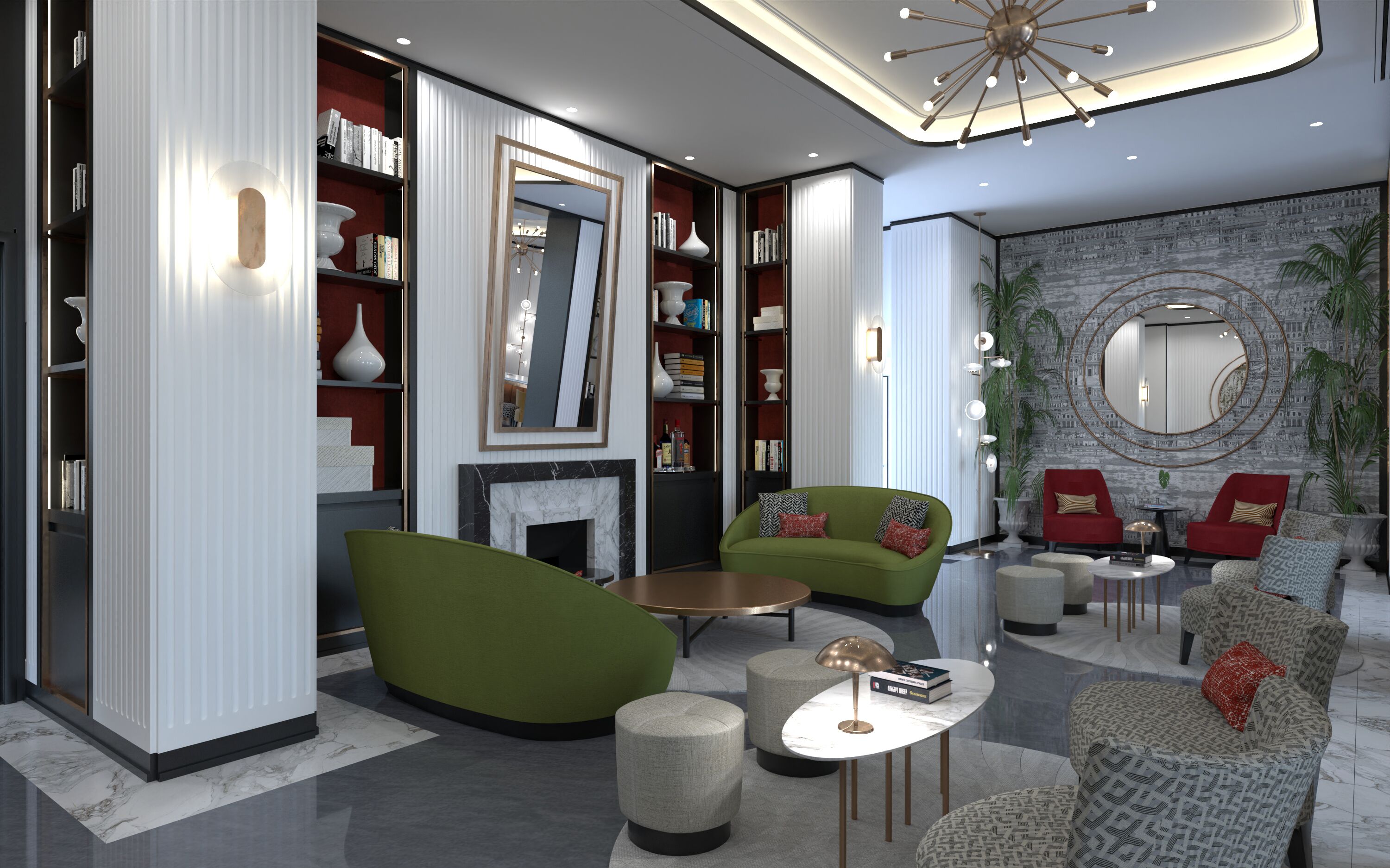 Un salon moderne avec des canapés verts, une cheminée, des étagères et un grand miroir.