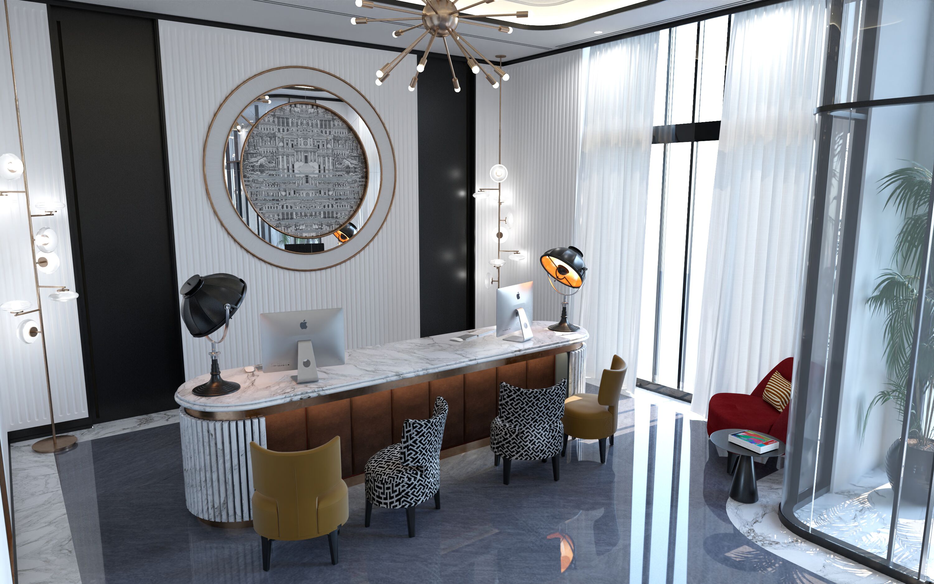 A modern lobby with a marble reception desk, a large mirror, and a seating area with patterned chairs.