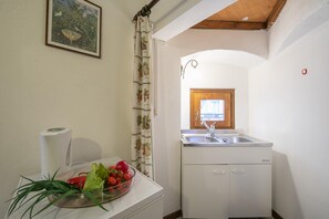A compact kitchen with a sink, a small countertop, and a bowl of fresh vegetables.