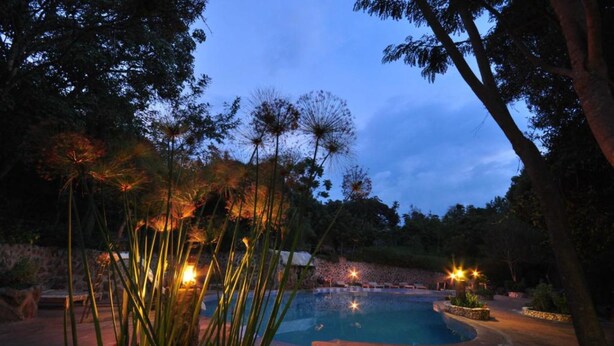 A nighttime view of a swimming pool surrounded by trees and illuminated by ambient lighting. - Naiberi Resort (Eldoret)
