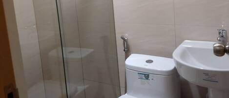 A bathroom with a glass-enclosed shower, a toilet, and a sink.