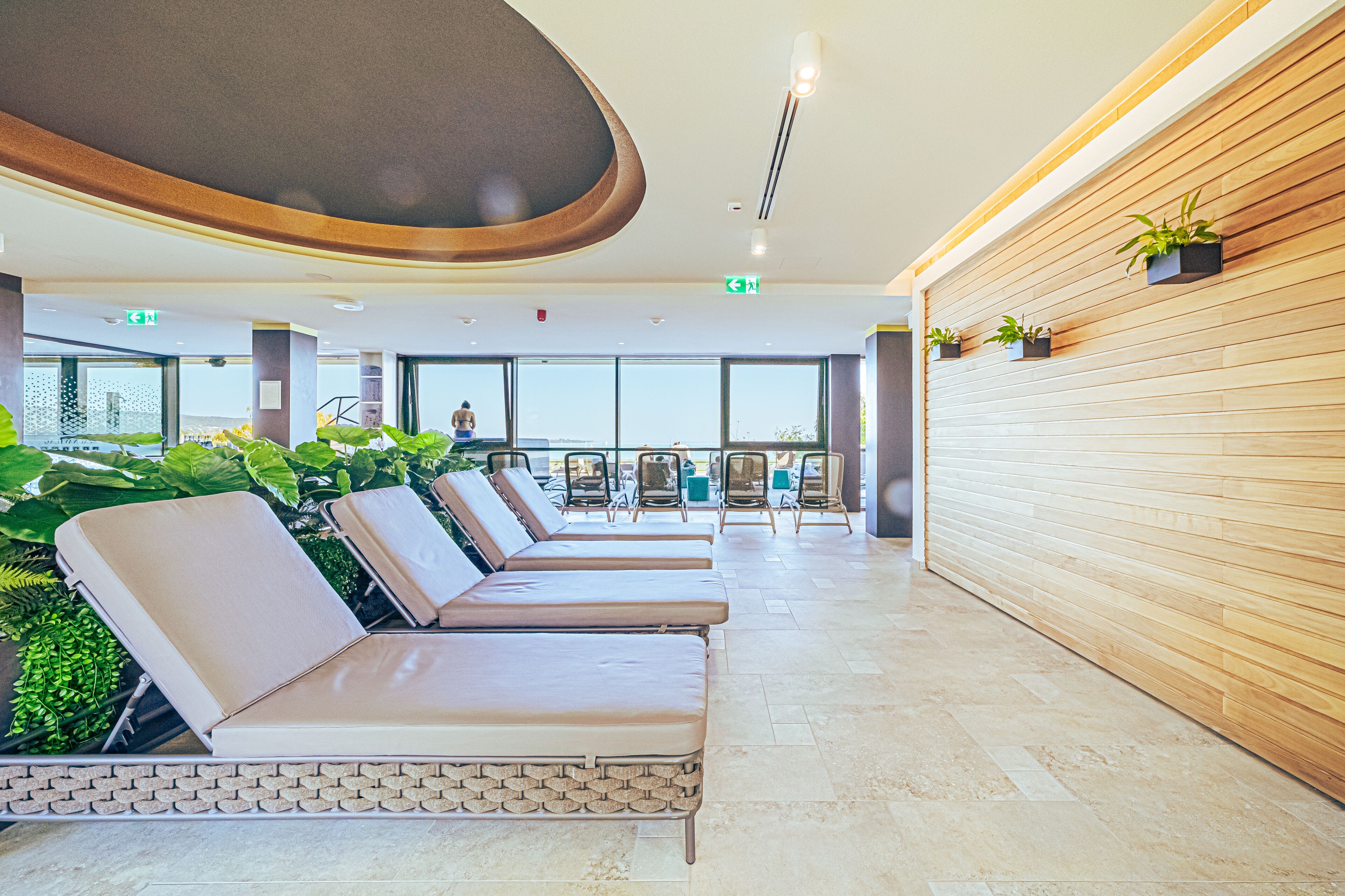 A modern waiting area with lounge chairs, a wooden wall with potted plants, and large windows offering a view.