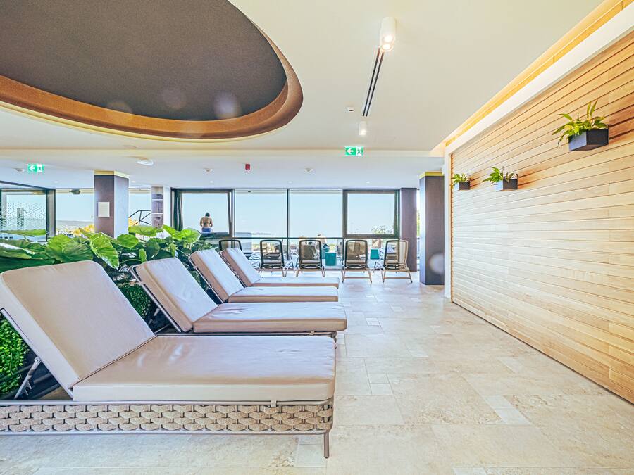 A modern waiting area with lounge chairs, a wooden wall with potted plants, and large windows offering a view.