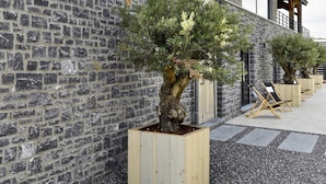 Ein Gebäude mit einer Stein-Fassade und einem Schild, auf dem „Durbuy Suites Luxury Holiday & Wellness“ steht.