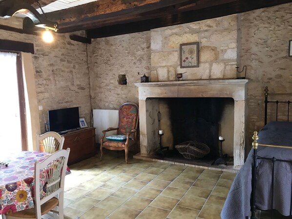 A rustic room with a stone wall, a fireplace, a wooden chair, a table with a floral tablecloth, and a television. - Ideal romantic stay, in the countryside 5 minutes from the center (SAINT CYPRIEN)