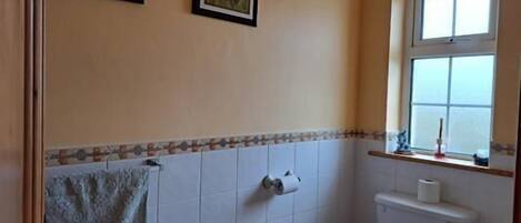 A small bathroom with a toilet, a window, and two framed pictures on the wall.