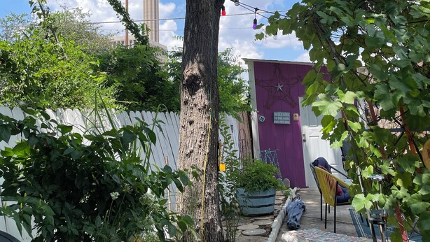 Un jardín con un árbol alto, una cerca blanca de piquetes y un edificio púrpura con un letrero de 'Welcome'.