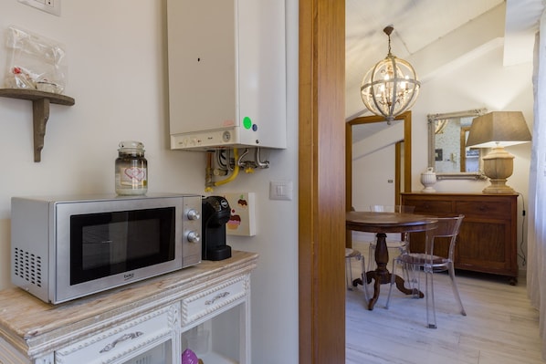 Großer Kühlschrank, Mikrowelle, Herdplatte