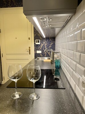 Réfrigérateur, four, plaque de cuisson, bouilloire électrique