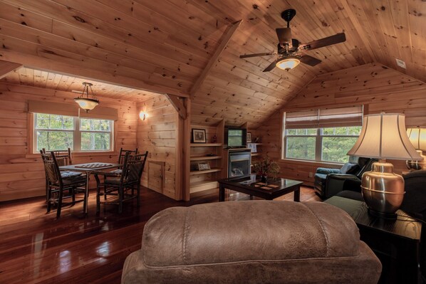 Smart TV, fireplace, DVD player, foosball