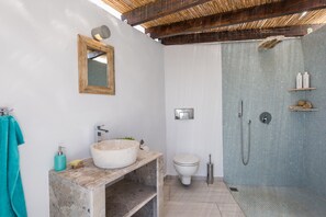 Combined shower/tub, hair dryer, towels, toilet paper