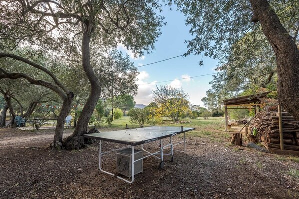 An outdoor ping pong table in a natural setting with trees and a wooden structure in the background. - Mas Paret: 10 minutes from the beaches. Studio apartment on a one-hectare lot—linens included! (Argelès-sur-Mer)