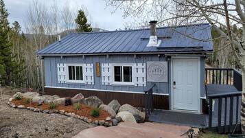 A small, single-story cabin with a metal roof, a front door, and a small porch area.
