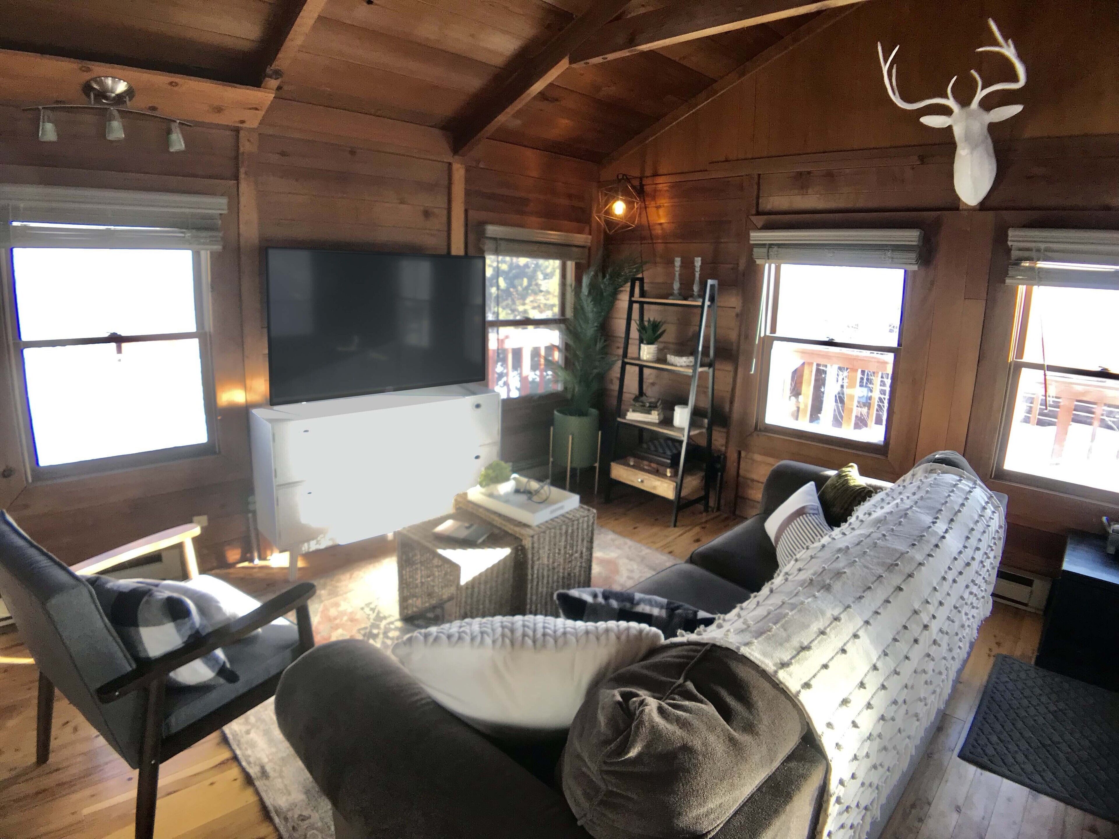 A cozy cabin interior with a sofa, chairs, a TV, wooden walls, and a deer head decoration.