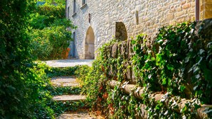 Un estrecho sendero de piedra bordeado de abundante vegetación y una pared de piedra, que conduce a un edificio con ventanas de arco.