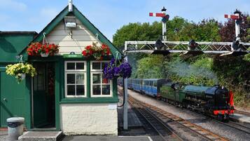 A small station building with a green roof and flower boxes, a railway track with a steam locomotive, and a level crossing with barriers.