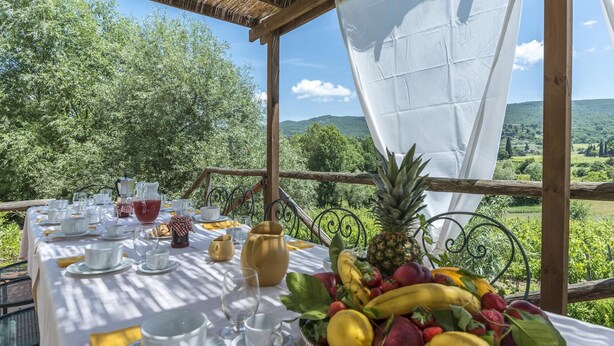 An outdoor dining area with a table set for a meal, surrounded by lush greenery and a scenic view of hills. - Villa Palazzaccio 26 (Arezzo)